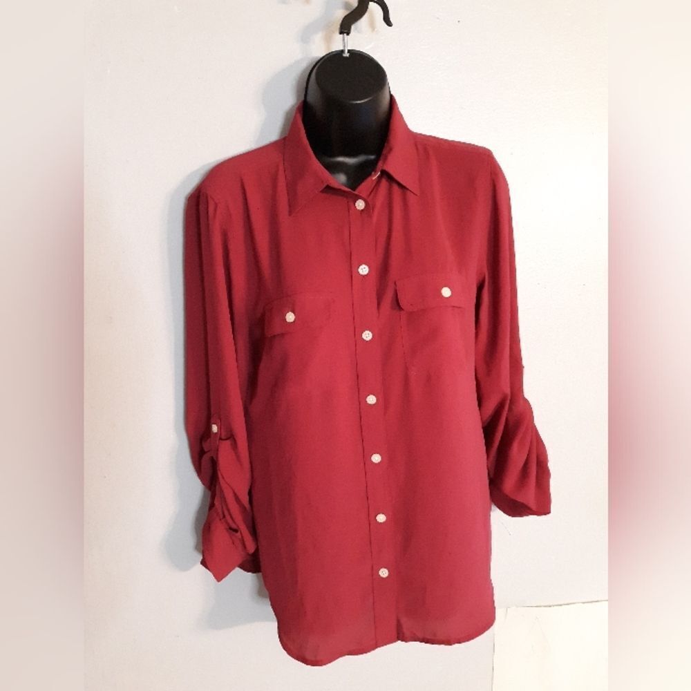 Loft red lightweight button down blouse